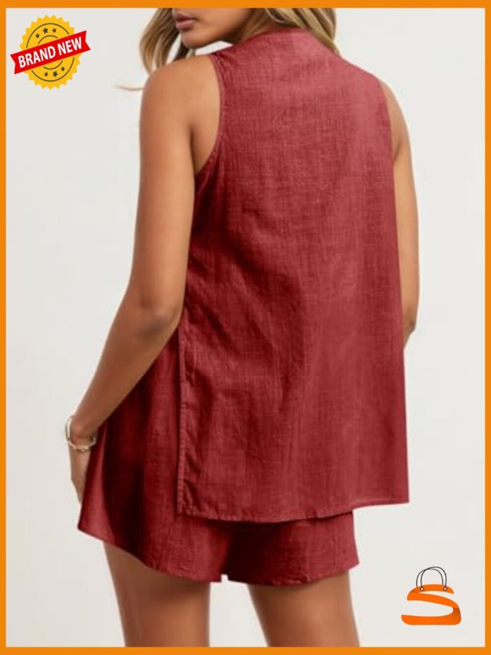Women's 2 Piece Short Set: Tank Top & Shorts, V Neck Button Down, Summer - Picture 4 of 4